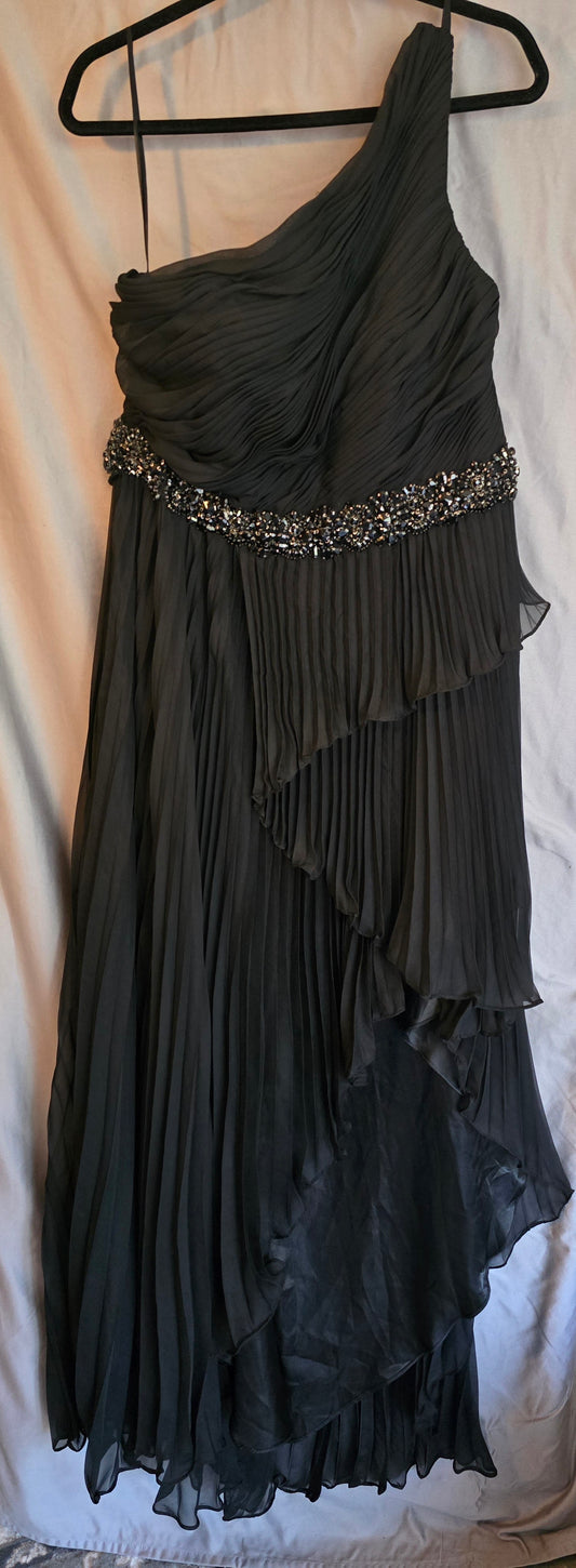 PLEATED ONE SHOULDER ASYMMETRICAL RUFFLE HEM GOWN