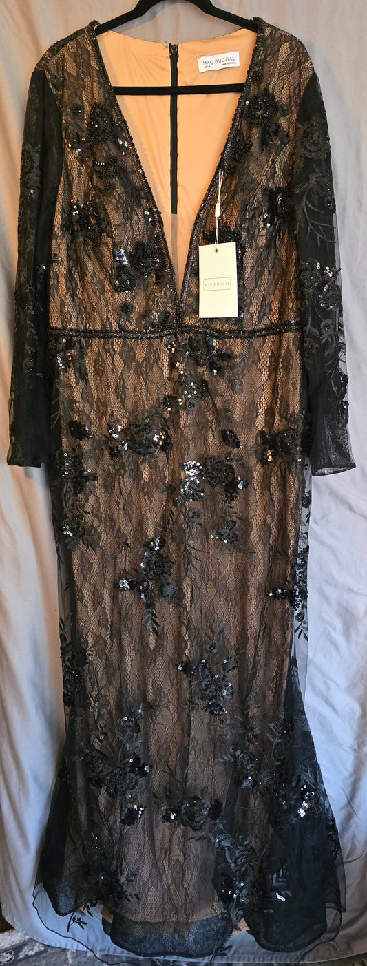 EMBELLISHED LONG SLEEVE PLUNGE NECK TRUMPET GOWN