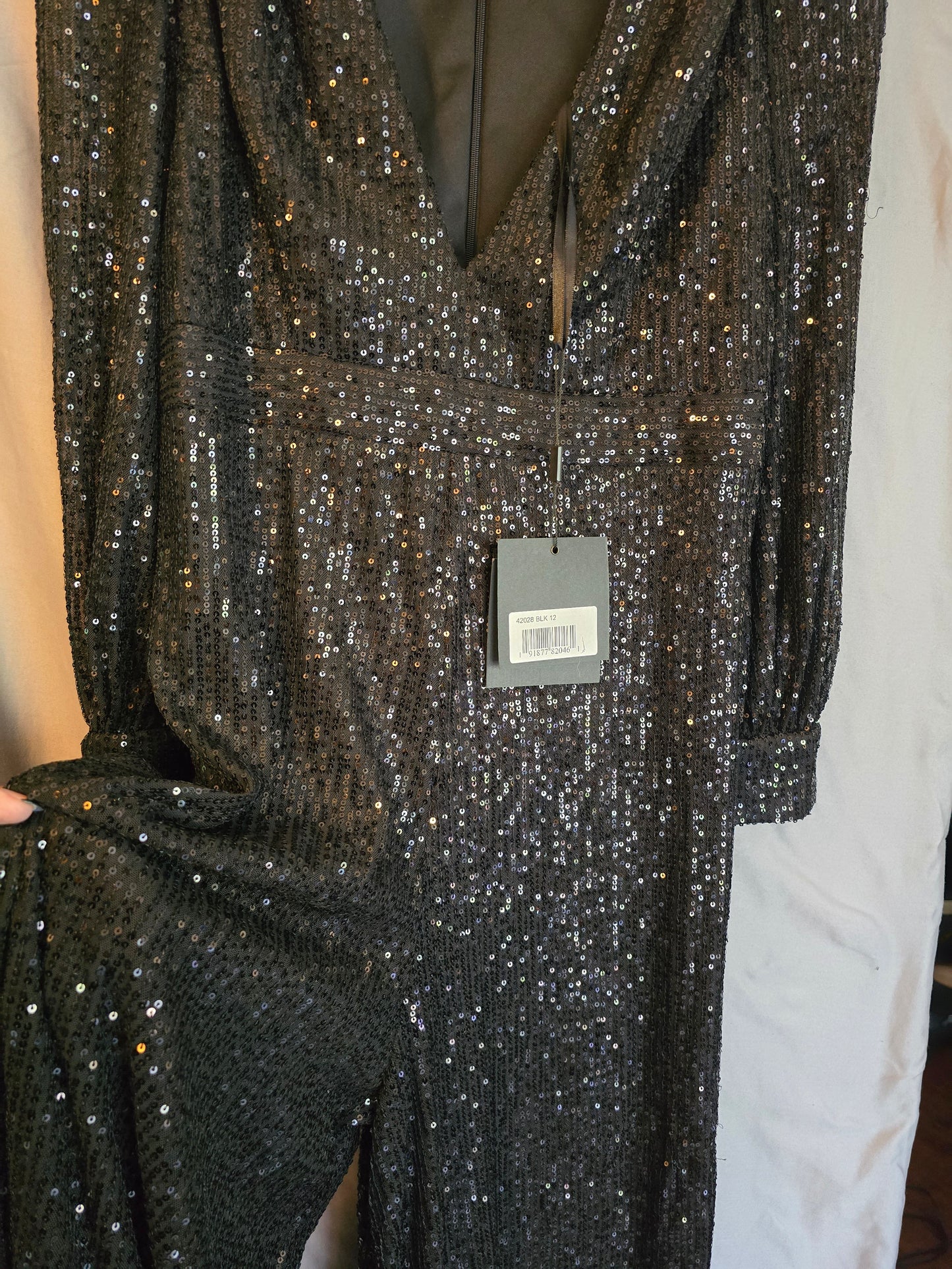 SEQUINED V NECK BISHOP SLEEVE JUMPSUIT