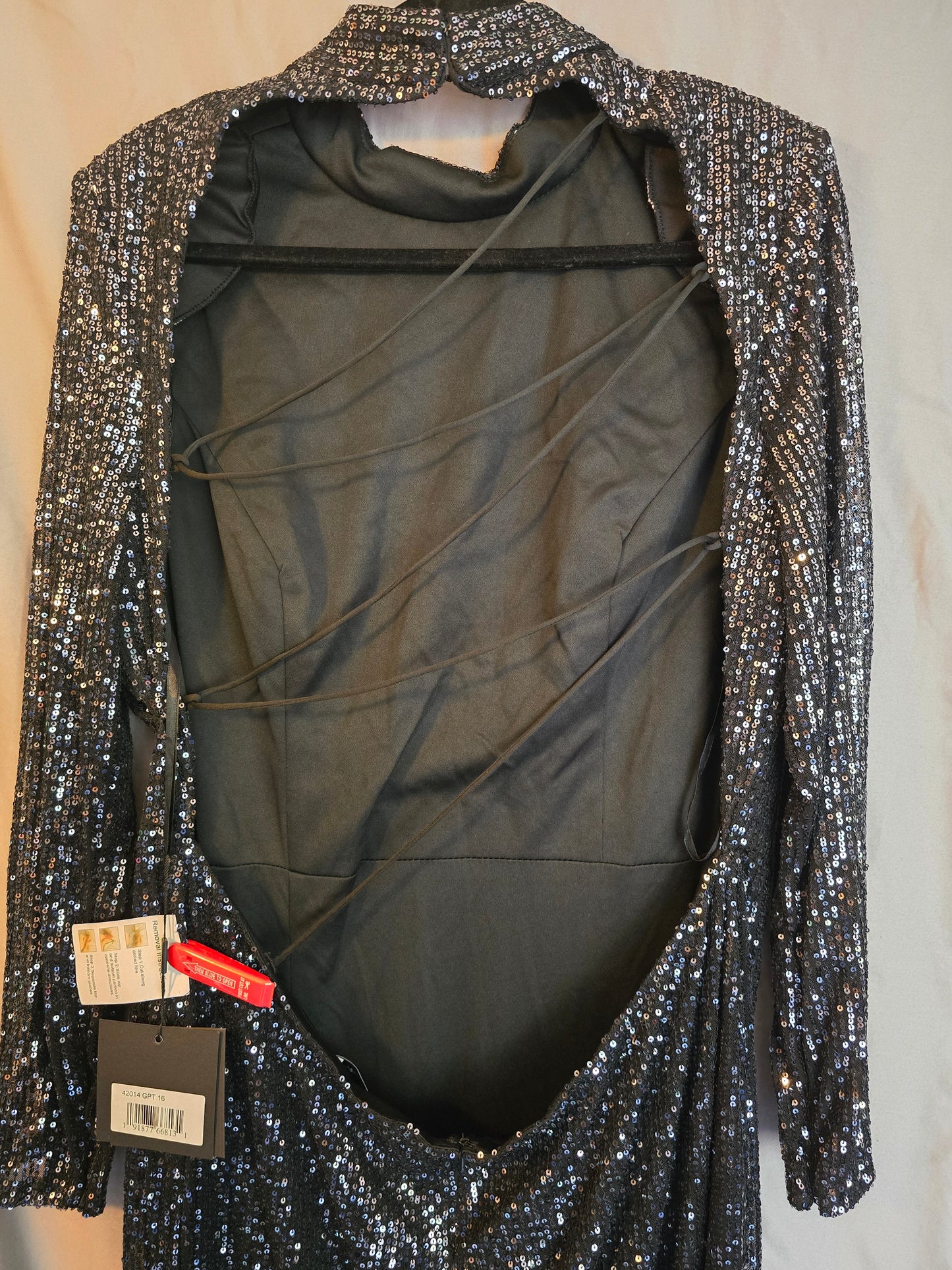 SEQUINED HIGH NECK LONG SLEEVE LACE UP GOWN