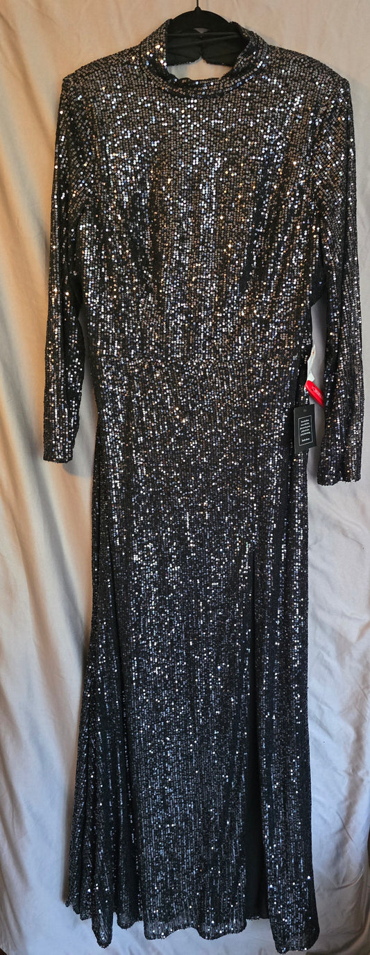 SEQUINED HIGH NECK LONG SLEEVE LACE UP GOWN