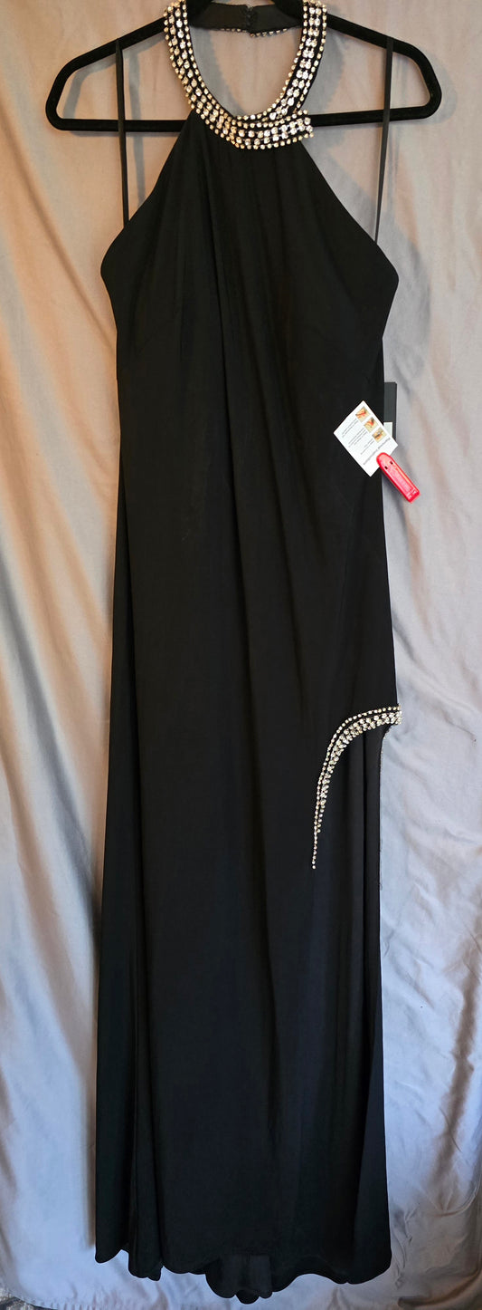 HIGH SLIT HALTER GOWN W/ RHINESTONE ACCENTS